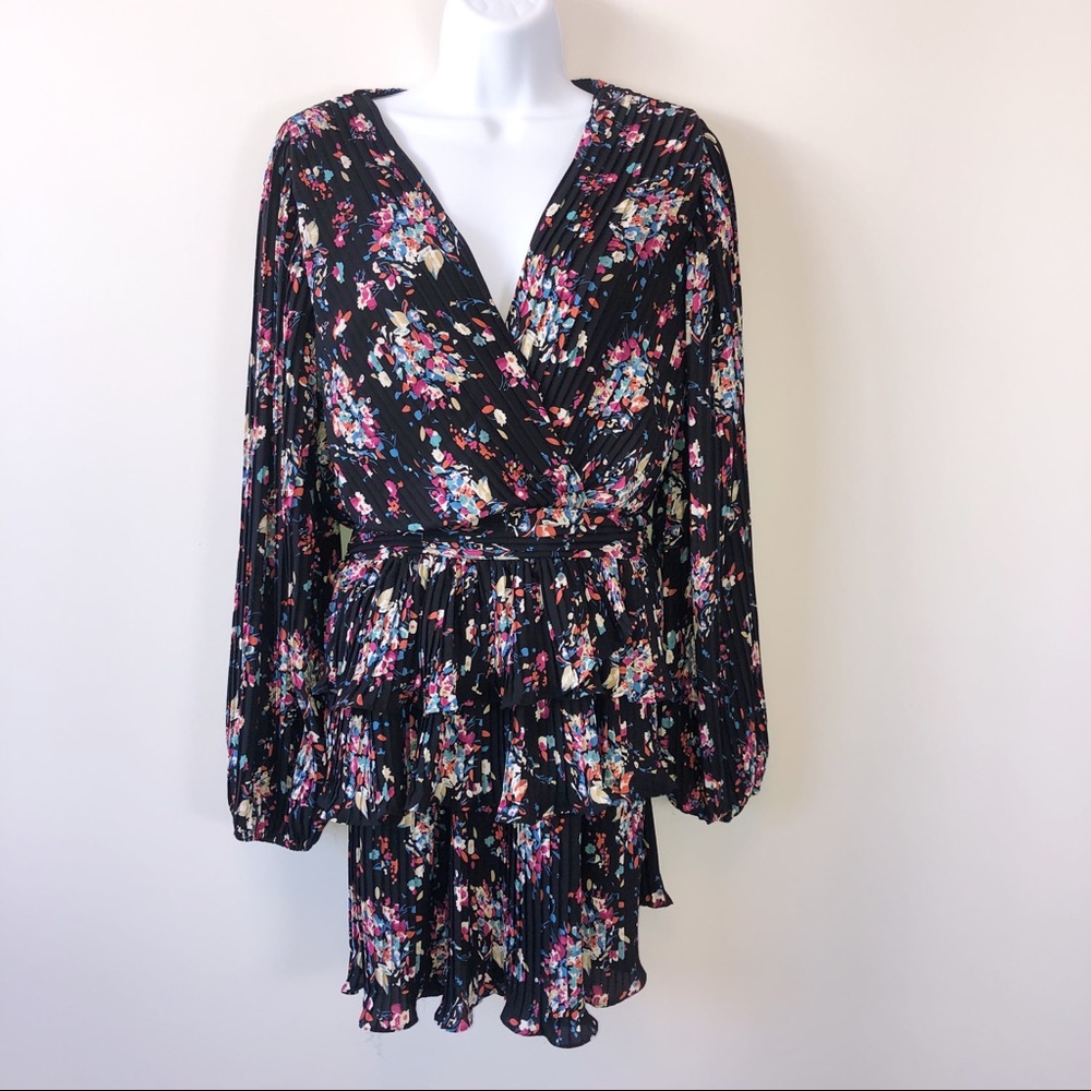 Dee Elly Black Floral Print Tiered Mini Dress Long Sleeve Smocked Waist Large